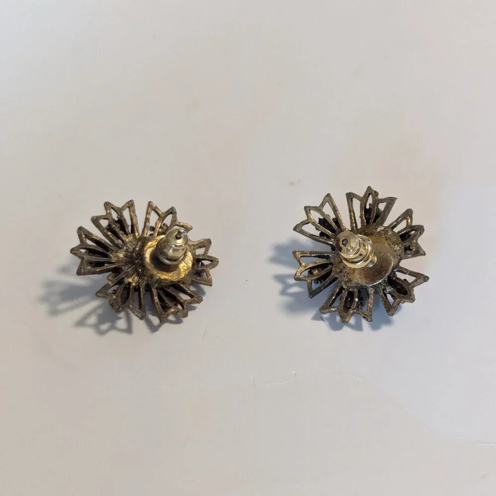 Vintage Gilded Brass Earrings‎ Amethyst Filigree MCM Gold Tone 1950’s Ornate